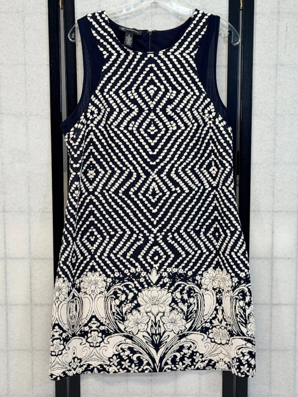 INC Navy White Ikat Sheath Midi Dress XL Sleeveless U Neck Border Hem Lined